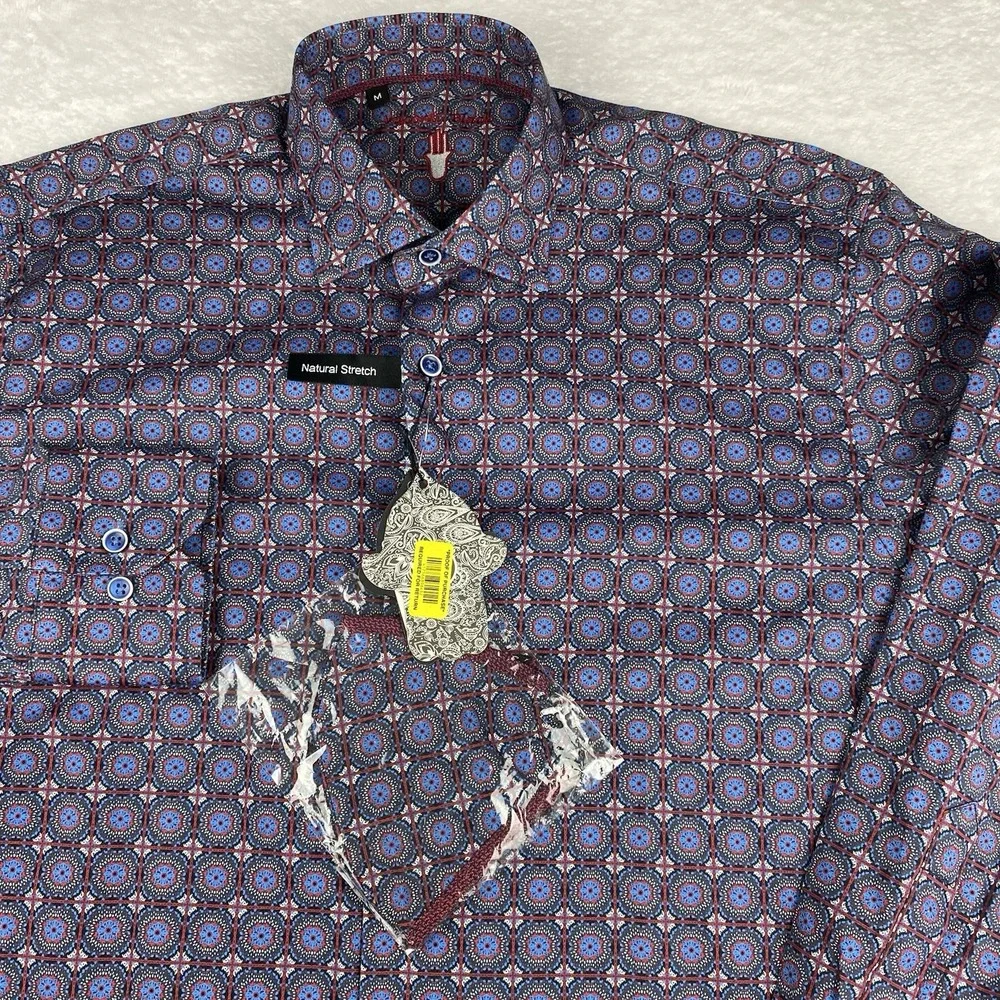 Visconti Black Shirt Mens Medium Blue Geometric w/Mask Regular Fit Stretch NWT!